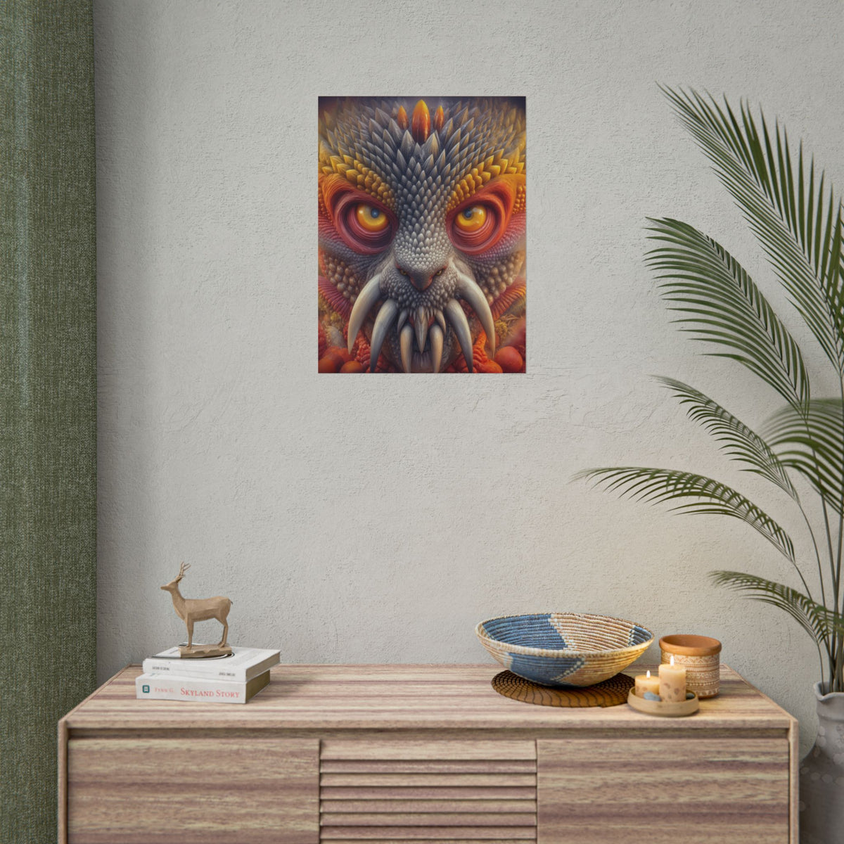 The Wisdom Beneath the Armor — Rolled Art Print, 18 × 24 in — golden-eyed creature with layered gray spines and ivory tusks