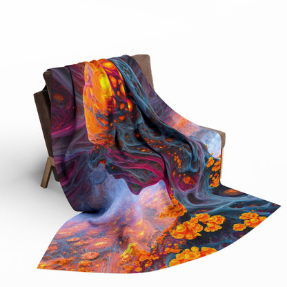 The Mind Becomes a Sun arctic fleece blanket, 60 × 80 in with a glowing golden head amid flowing blue and violet forms