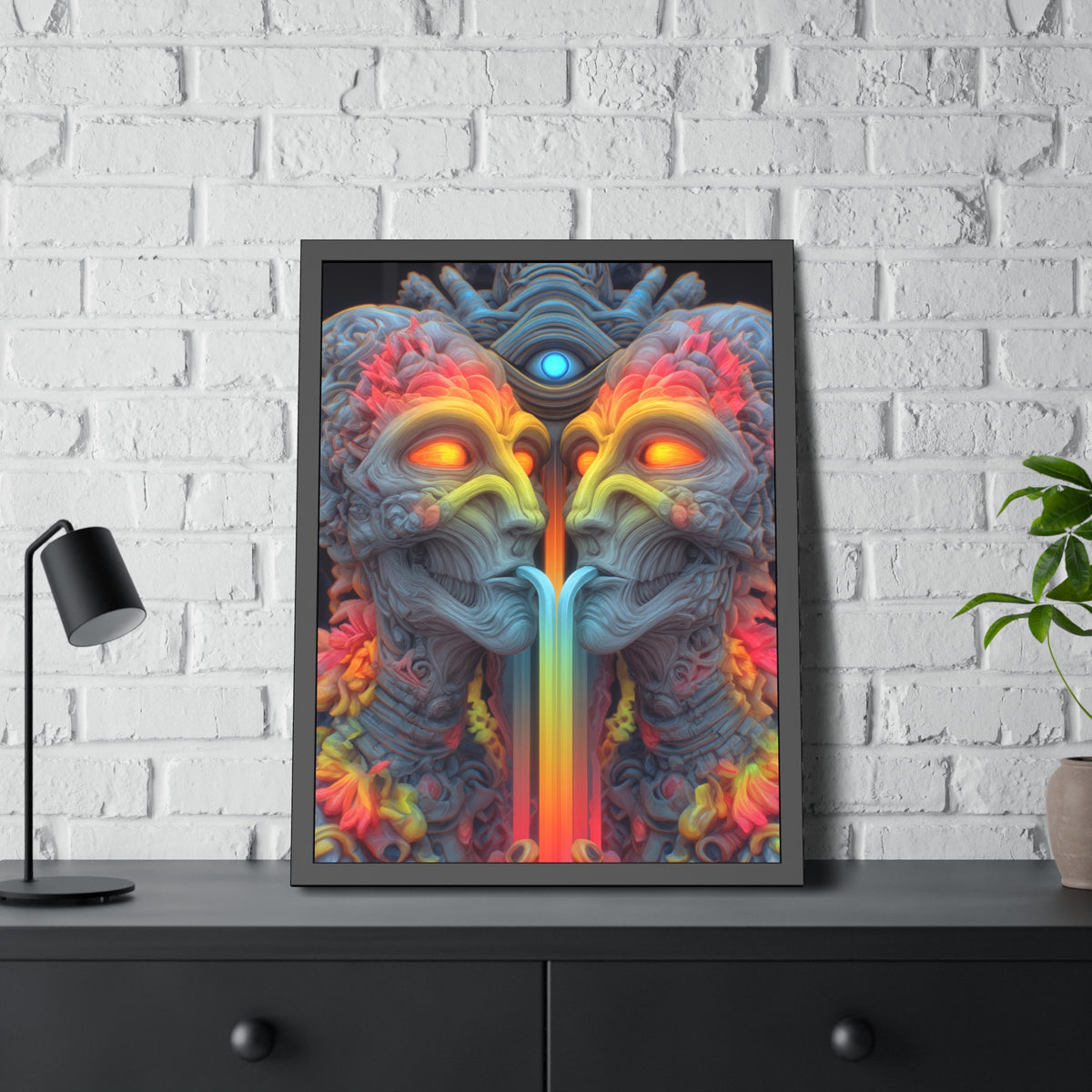 Where the Mirror Becomes a River — Framed Fine Art Print, 24 × 32 in — mirrored faces with glowing eyes and a shared stream of color