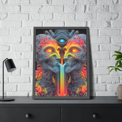 Where the Mirror Becomes a River — Framed Fine Art Print, 24 × 32 in — mirrored faces with glowing eyes and a shared stream of color