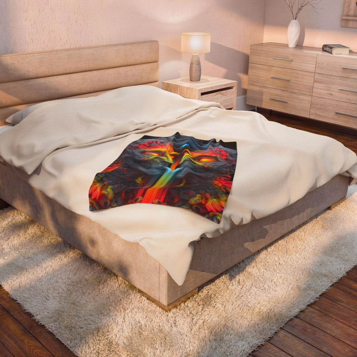 Where the Mirror Becomes a River — Velveteen Plush Blanket, 30 × 40 in — mirrored faces with glowing eyes and a shared stream of color