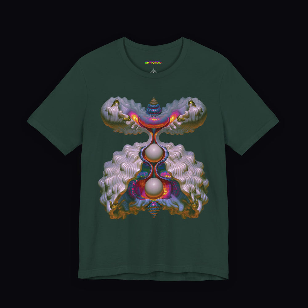 Symmetrical rippling vessel holding two pale spheres on a Forest DMTPORTAL T-shirt