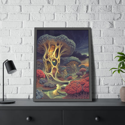 The Quiet Architecture of Becoming — Framed Fine Art Print, 24 × 32 in — luminous lattice trees and coral groves beside a winding river