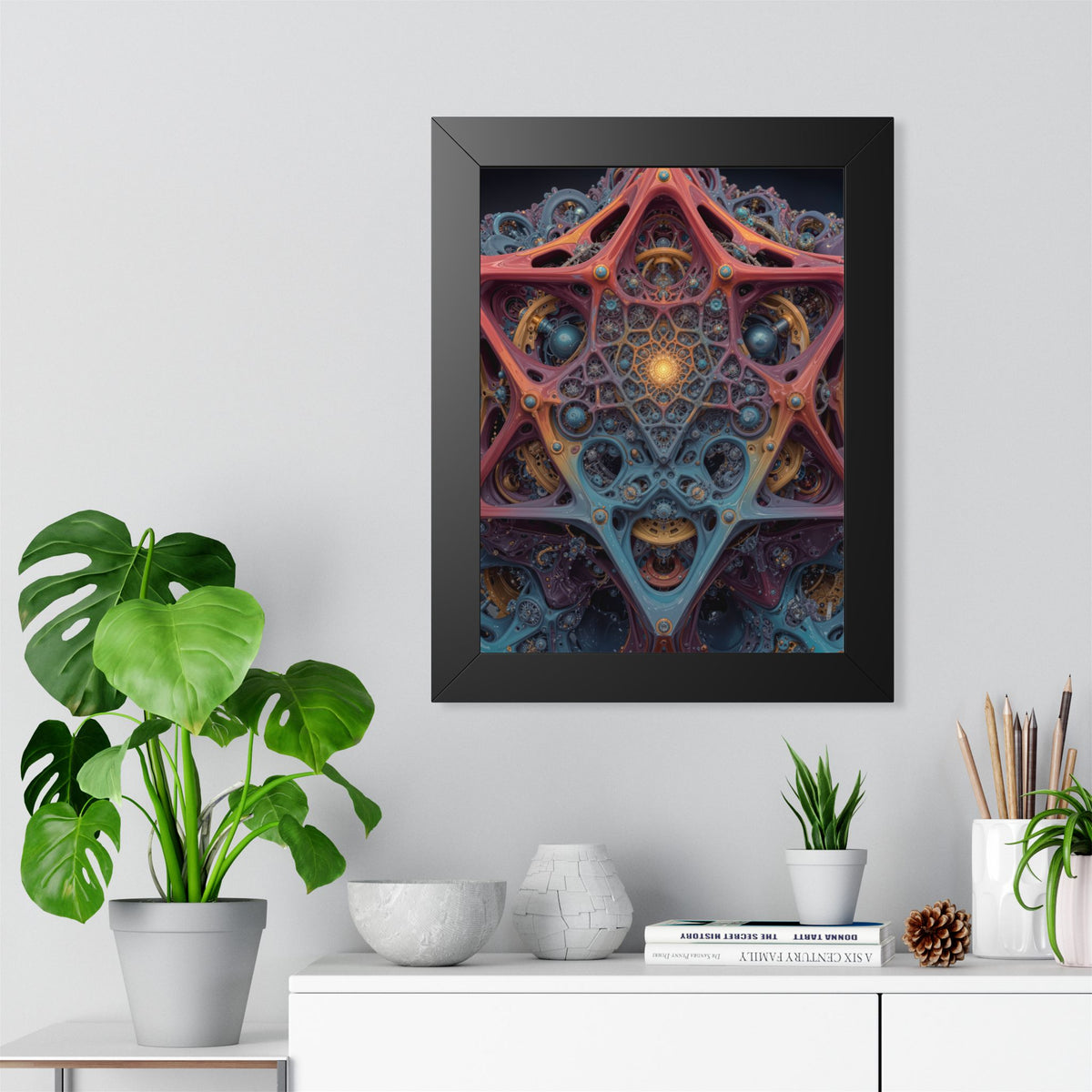 The Geometry of Surrender — Black Framed Print, 12 × 16 in — interlocking coral and blue forms around a golden center