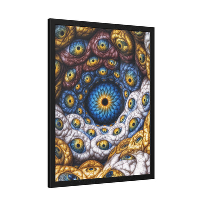 The Many Eyes of One Awareness — Framed Fine Art Print, 24 × 32 in — interwoven blue and gold eyes in ivory, ochre and mauve forms