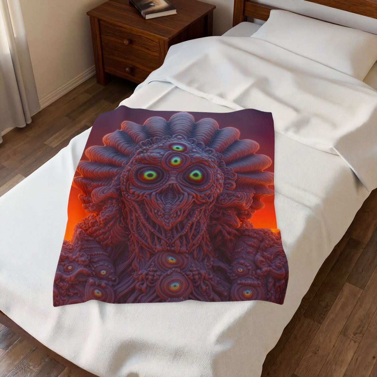 Where Every Gaze Becomes a Center — Velveteen Plush Blanket, 30 × 40 in — many-eyed figure with a rippling crown against an orange sky
