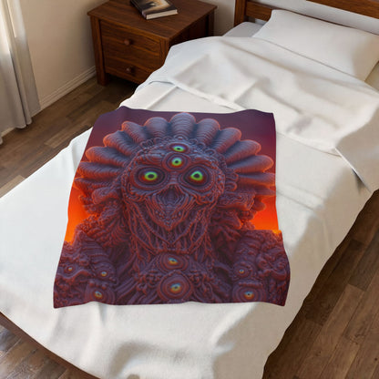Where Every Gaze Becomes a Center — Velveteen Plush Blanket, 30 × 40 in — many-eyed figure with a rippling crown against an orange sky