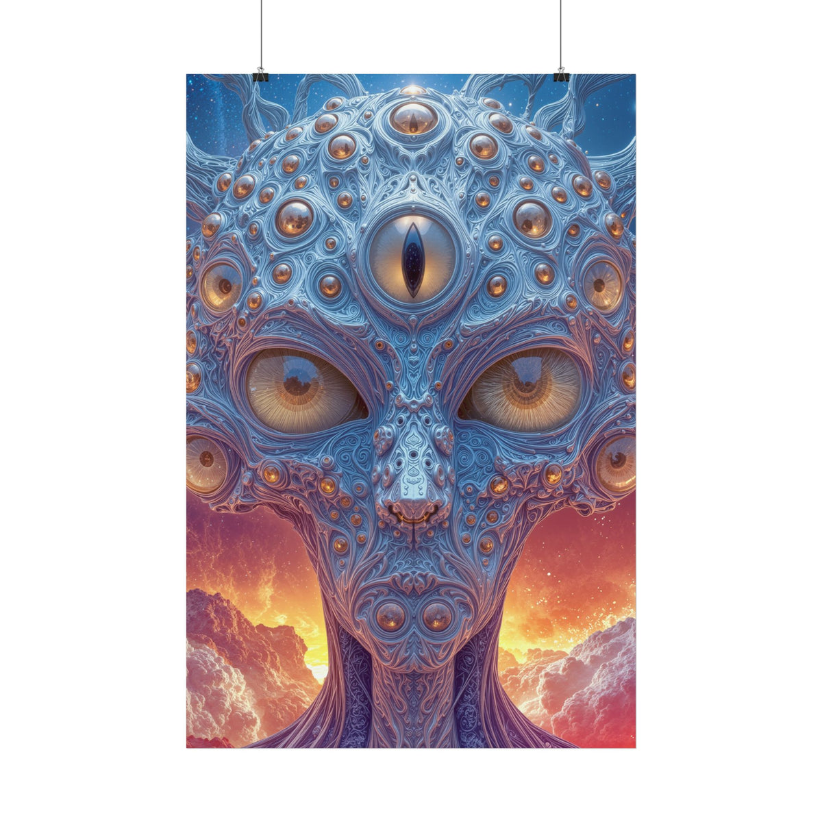 The Horizon Within the Gaze — Satin Art Poster, 24 × 36 in — intricate blue figure with amber eyes above luminous clouds