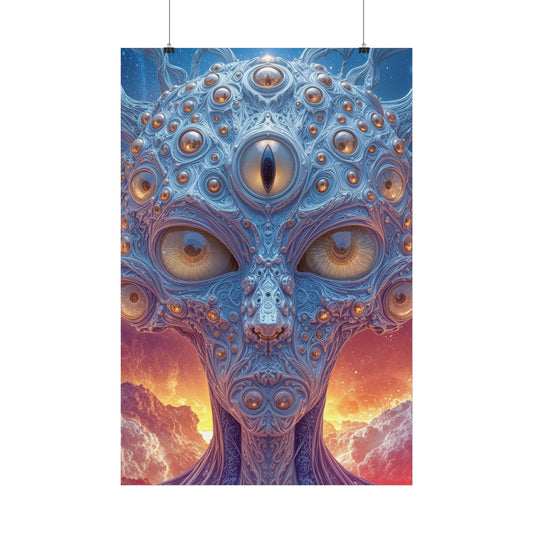 The Horizon Within the Gaze — Satin Art Poster, 24 × 36 in — intricate blue figure with amber eyes above luminous clouds