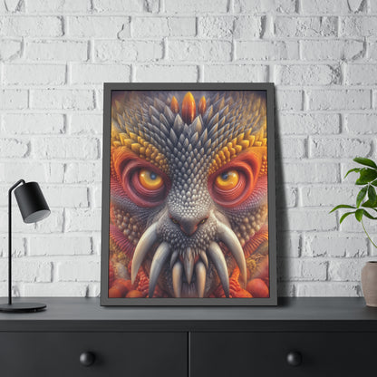 The Wisdom Beneath the Armor — Framed Fine Art Print, 24 × 32 in — golden-eyed creature with layered gray spines and ivory tusks