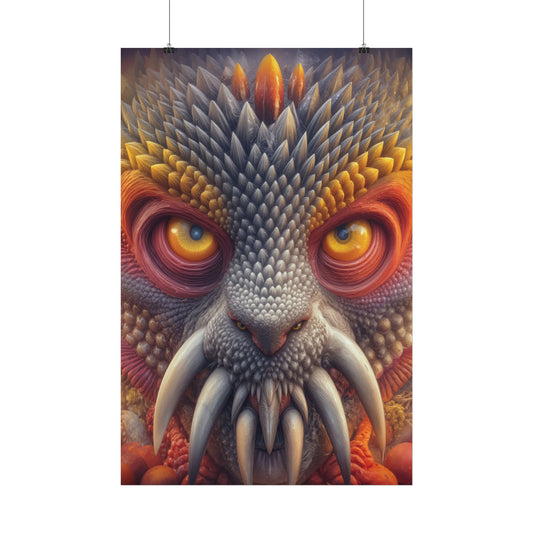 The Wisdom Beneath the Armor — Satin Art Poster, 24 × 36 in — golden-eyed creature with layered gray spines and ivory tusks