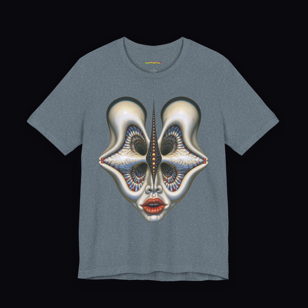 Pale sculptural face with dark recessed eyes and red lips on a Heather Slate DMTPORTAL T-shirt