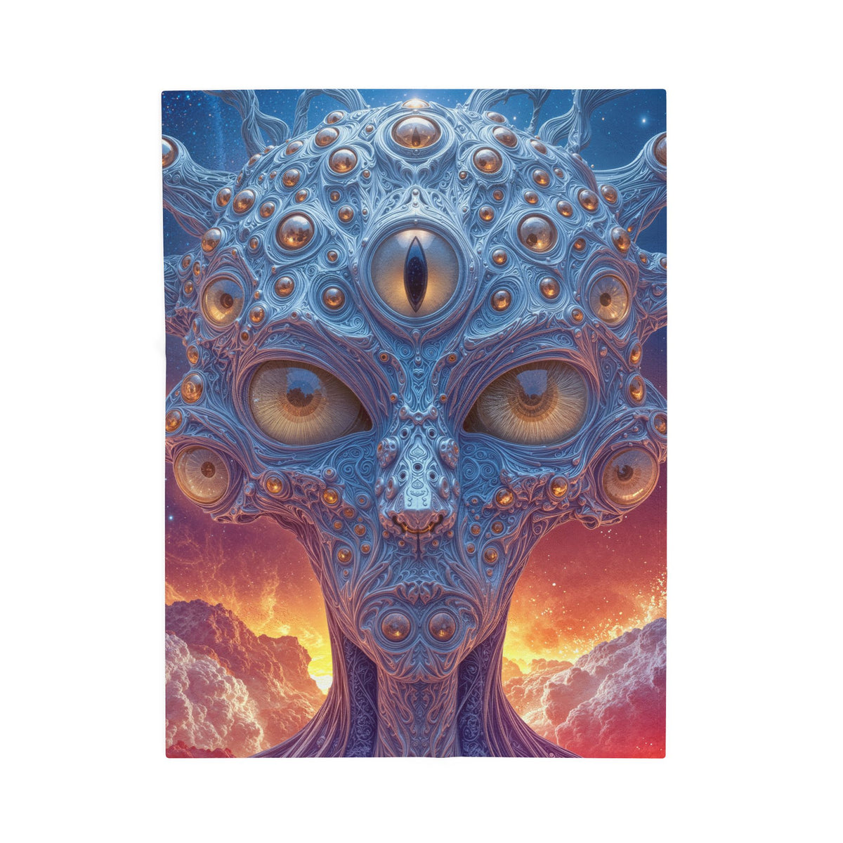The Horizon Within the Gaze — Velveteen Plush Blanket, 30 × 40 in — intricate blue figure with amber eyes above luminous clouds