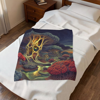 The Quiet Architecture of Becoming — Velveteen Plush Blanket, 30 × 40 in — luminous lattice trees and a winding river