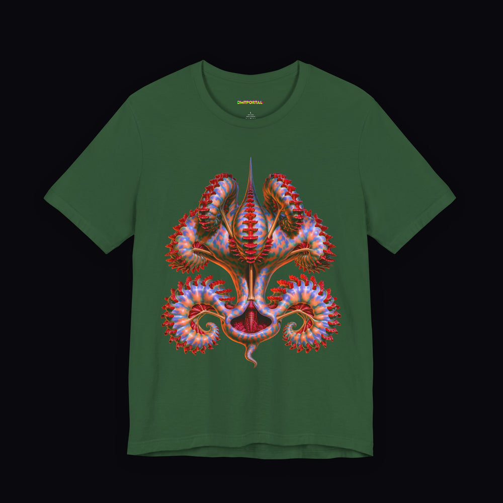 Branching blue and red alien growth with curling spirals on an Evergreen DMTPORTAL T-shirt