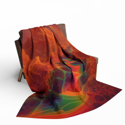 The Current Remembers arctic fleece blanket, 60 × 80 in with a luminous winding current and orange mountains beneath a starry sky