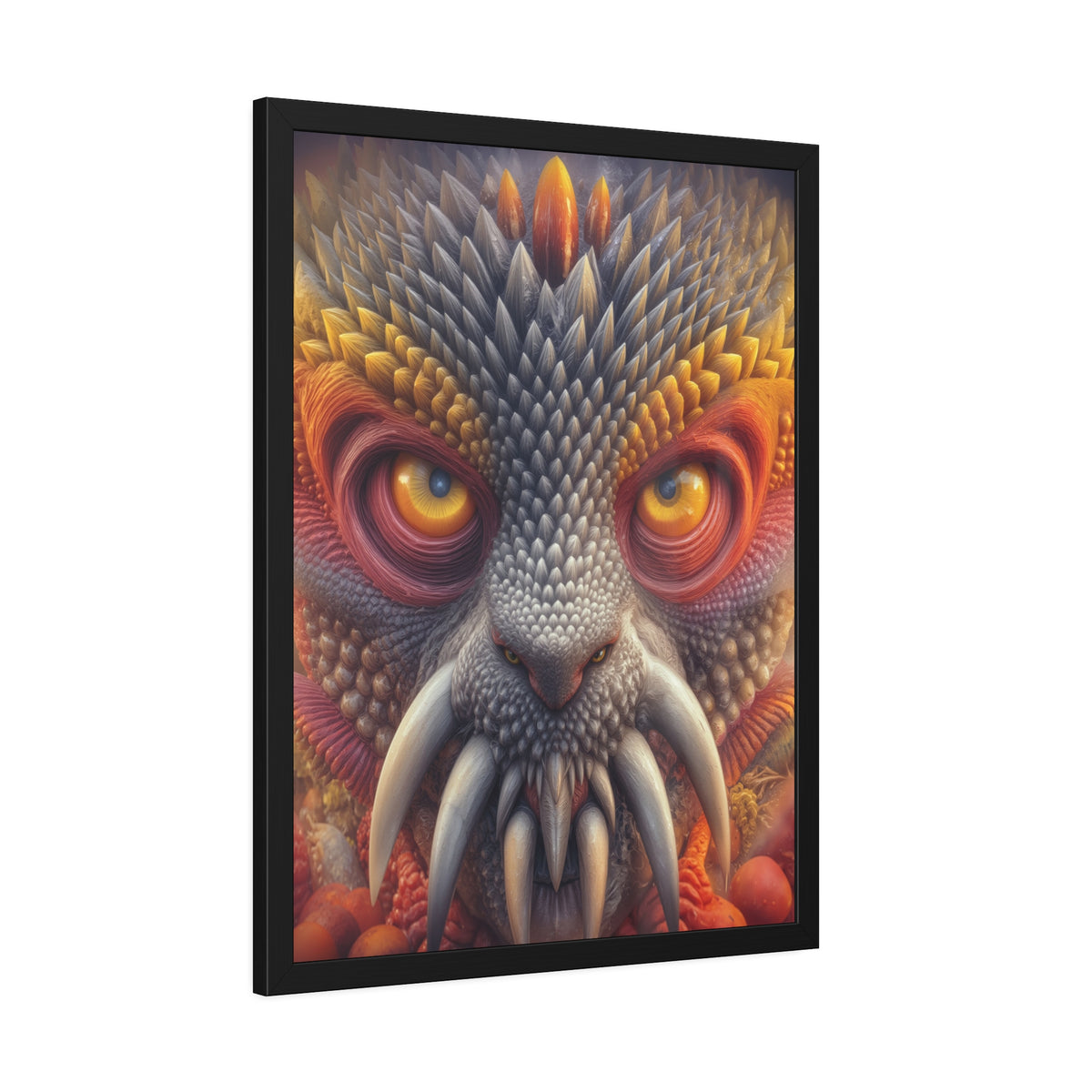 The Wisdom Beneath the Armor — Framed Fine Art Print, 24 × 32 in — golden-eyed creature with layered gray spines and ivory tusks