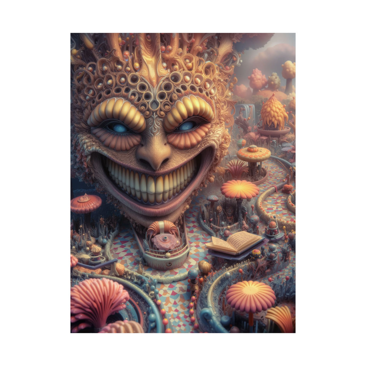 The Invitation Beneath the Grin — Matte Art Poster, 18 × 24 in — ornate grinning face above winding mosaic paths and coral garden forms