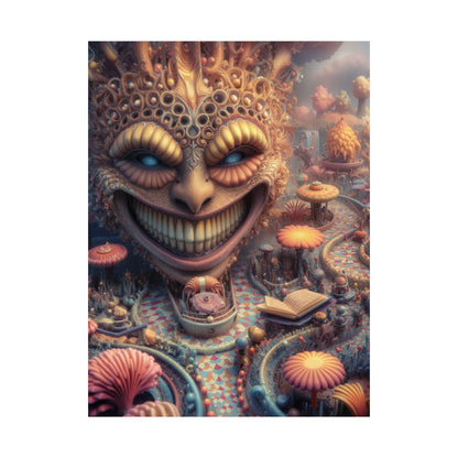The Invitation Beneath the Grin — Matte Art Poster, 18 × 24 in — ornate grinning face above winding mosaic paths and coral garden forms