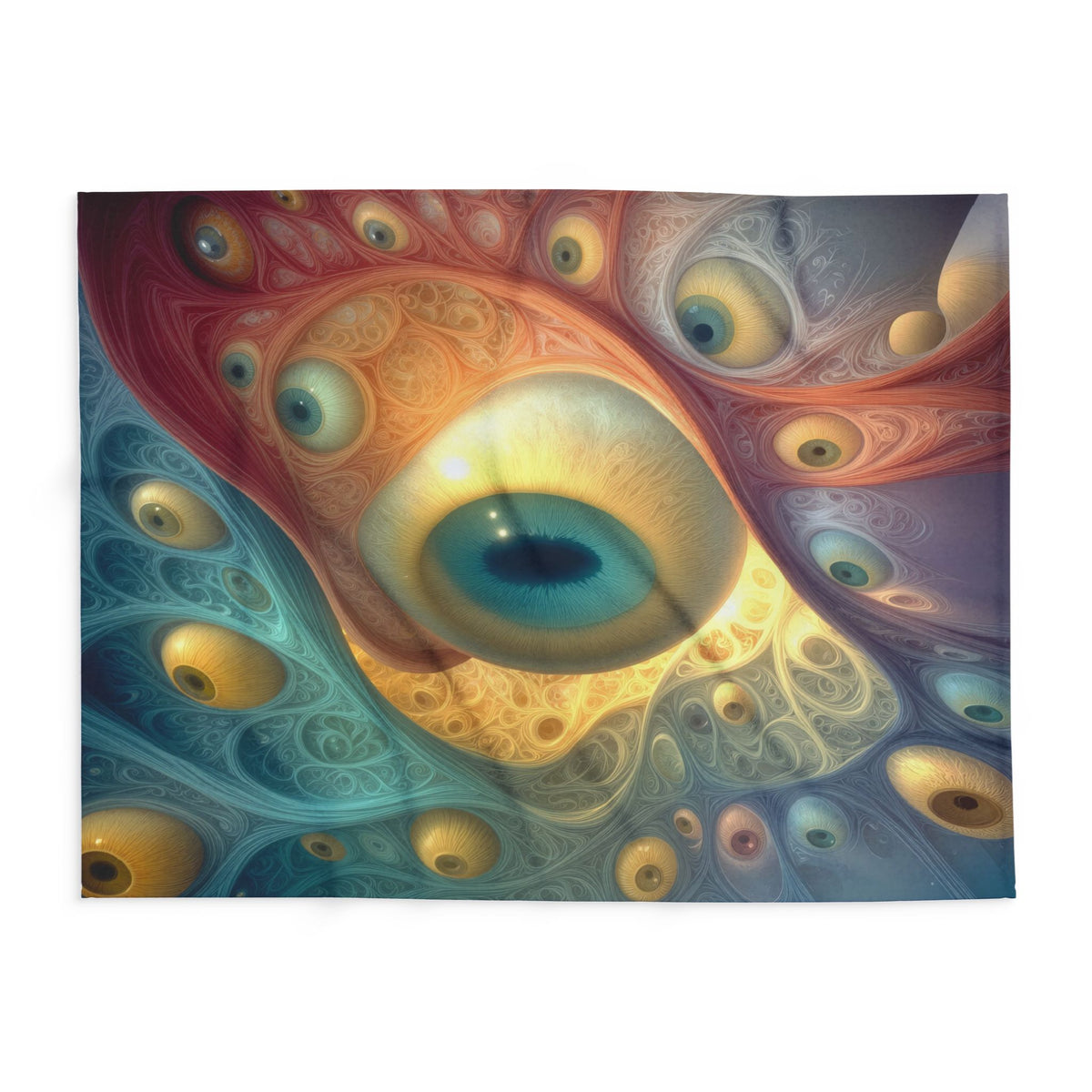 A Chorus of Seeing 60 × 80 inch Arctic fleece blanket with flowing blue and red forms and golden eyes