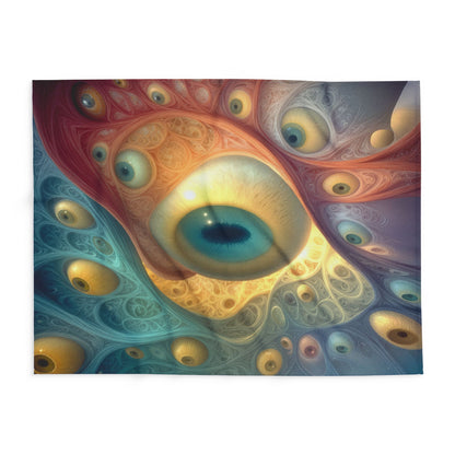 A Chorus of Seeing 60 × 80 inch Arctic fleece blanket with flowing blue and red forms and golden eyes
