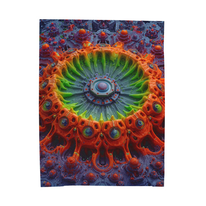 The Center Is a Choreography — Velveteen Plush Blanket, 60 × 80 in — orange and lime radial machinery with a violet core