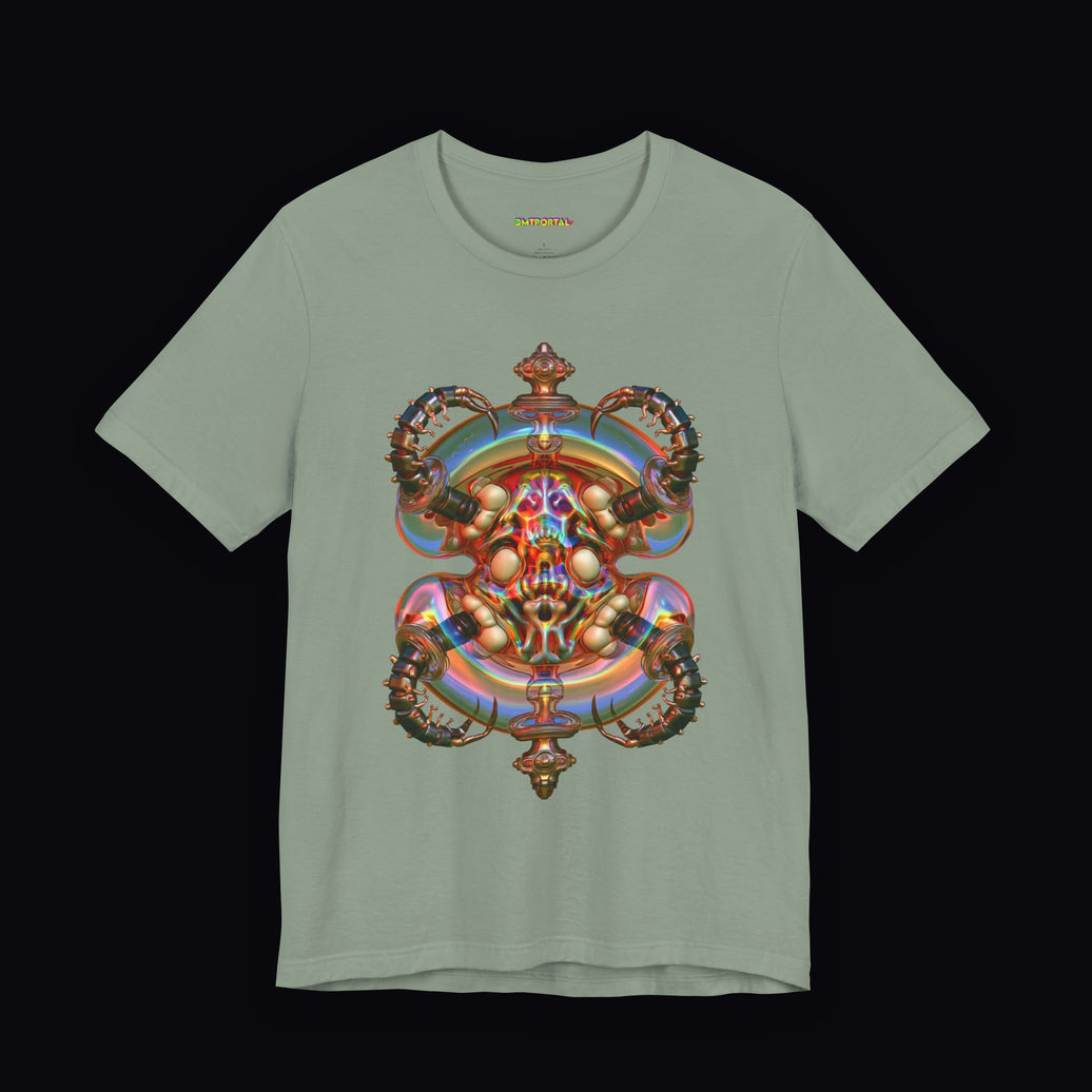 Symmetrical copper and rainbow glasslike chamber artwork on a Sage DMTPORTAL T-shirt