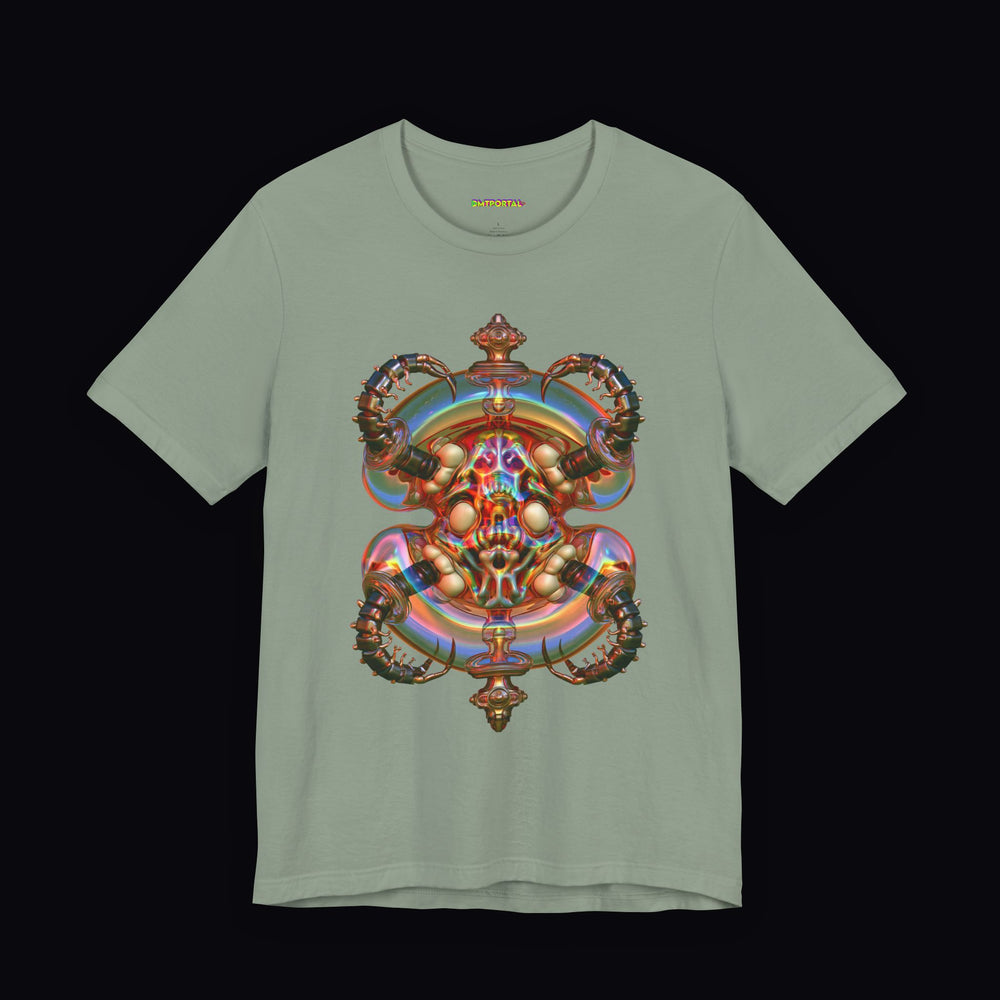 Symmetrical copper and rainbow glasslike chamber artwork on a Sage DMTPORTAL T-shirt
