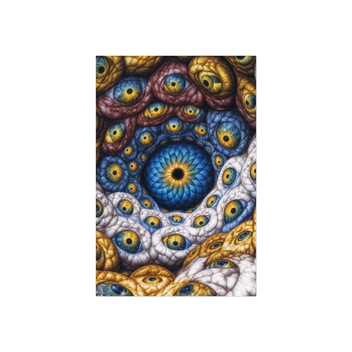 The Many Eyes of One Awareness — Large Matte Poster, 32 × 48 in — interwoven blue and gold eyes in ivory, ochre and mauve forms