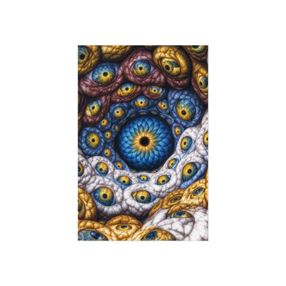 The Many Eyes of One Awareness — Large Matte Poster, 32 × 48 in — interwoven blue and gold eyes in ivory, ochre and mauve forms