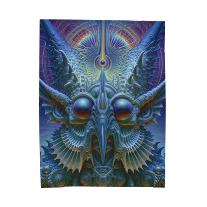 The Threshold That Refines — Velveteen Plush Blanket, 60 × 80 in — a symmetrical blue guardian with reflective eyes, pointed horns and intricate geometry