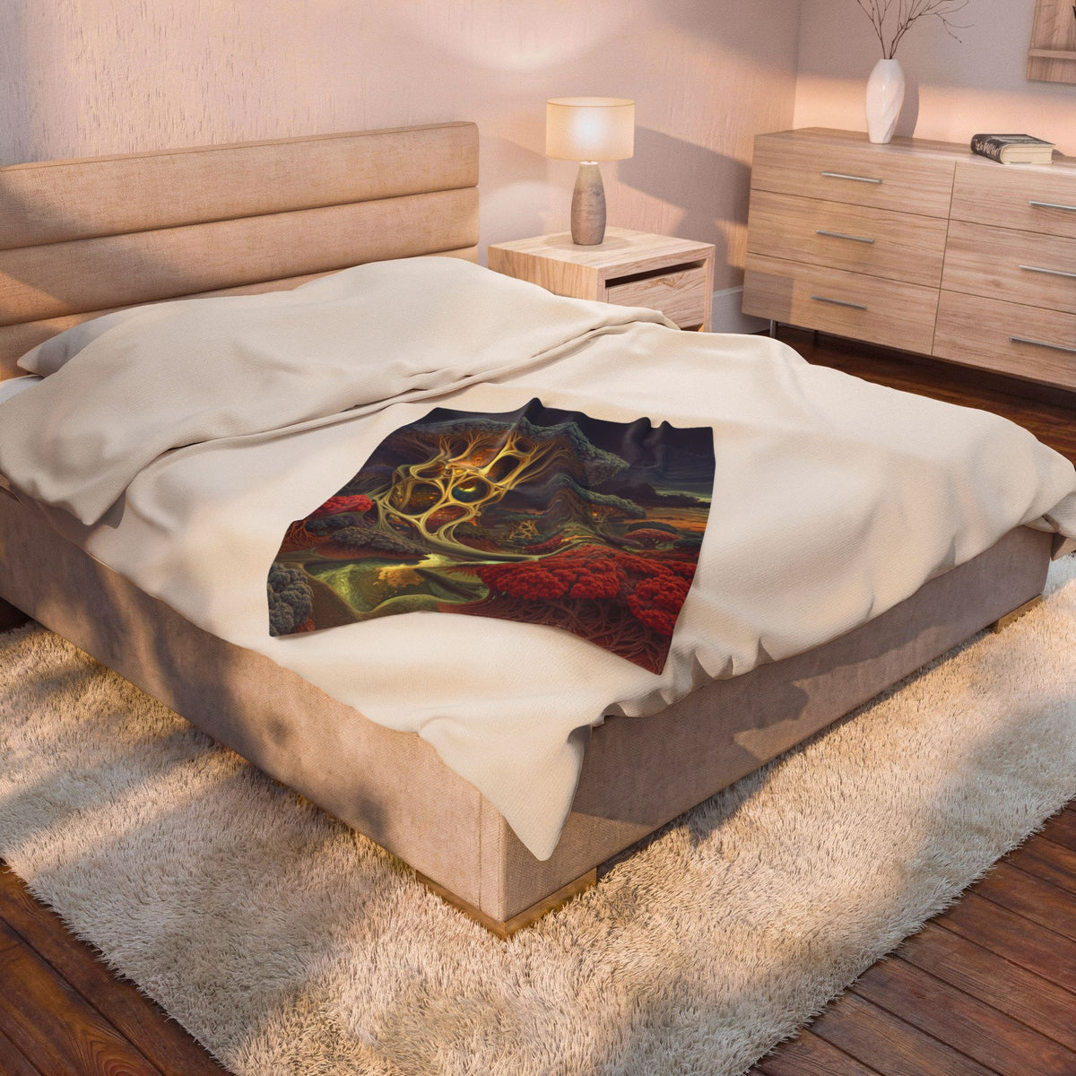The Quiet Architecture of Becoming — Velveteen Plush Blanket, 30 × 40 in — luminous lattice trees and a winding river