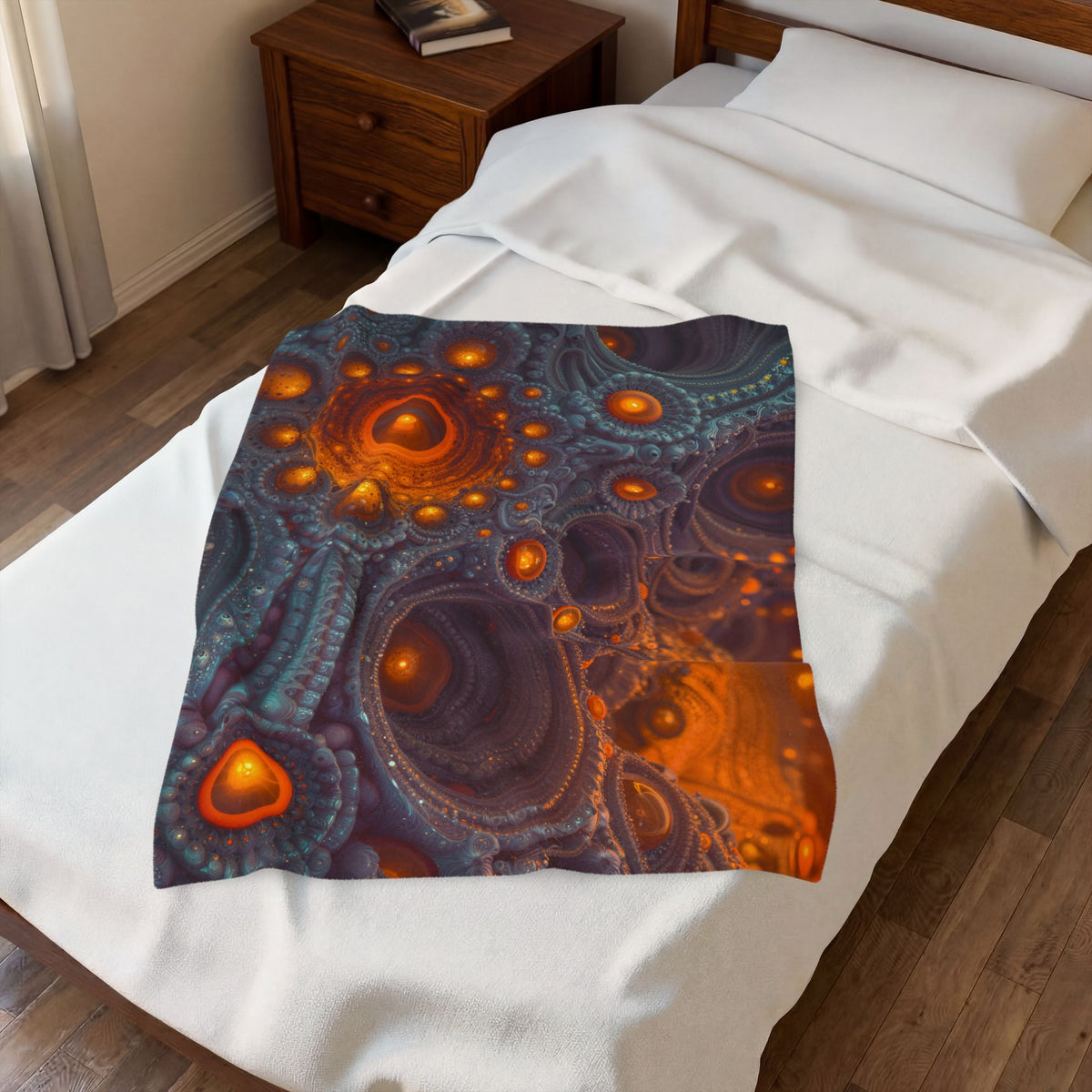 The Architecture of Inner Light — Velveteen Plush Blanket, 30 × 40 in — glowing amber chambers in intricate blue-gray and violet structures