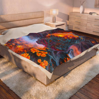 The Mind Becomes a Sun velveteen plush blanket, 60 × 80 in with a glowing golden head amid flowing blue and violet forms
