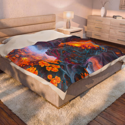 The Mind Becomes a Sun velveteen plush blanket, 60 × 80 in with a glowing golden head amid flowing blue and violet forms
