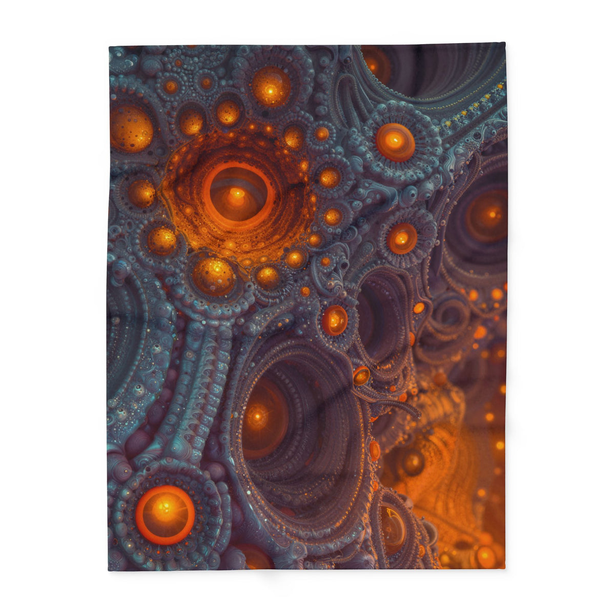 The Architecture of Inner Light — Arctic Fleece Blanket, 60 × 80 in — glowing amber chambers in intricate blue-gray and violet structures
