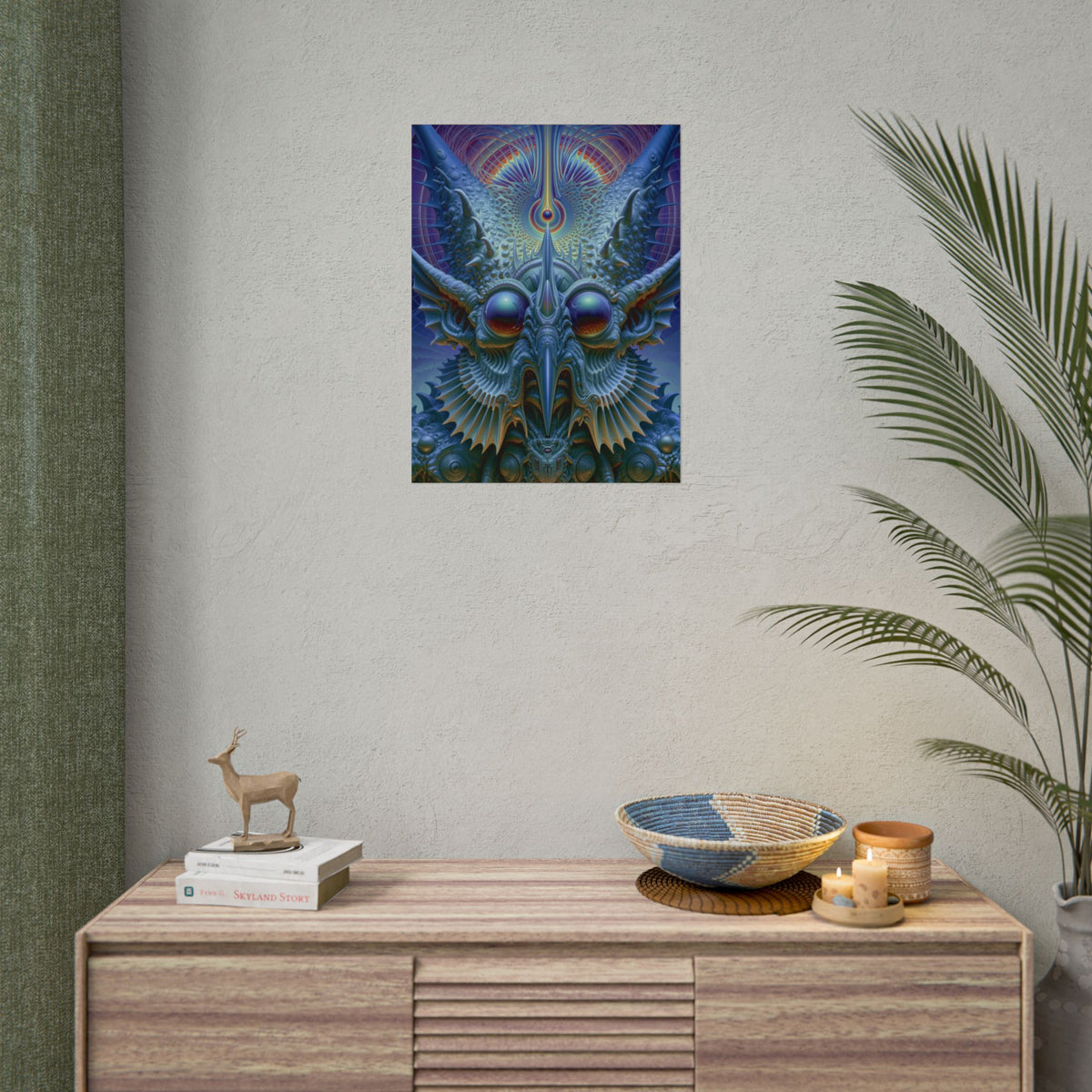 The Threshold That Refines — Rolled Art Print, 18 × 24 in — a symmetrical blue guardian with reflective eyes, pointed horns and intricate geometry