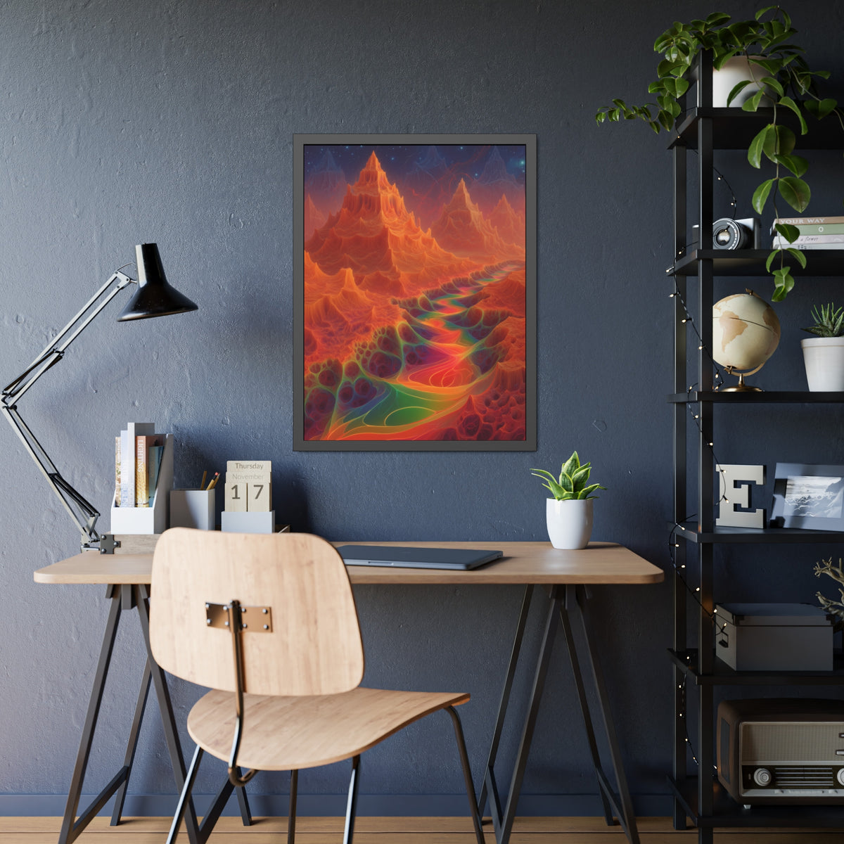 The Current Remembers framed fine art print, 24 × 32 in with a luminous winding current and orange mountains beneath a starry sky