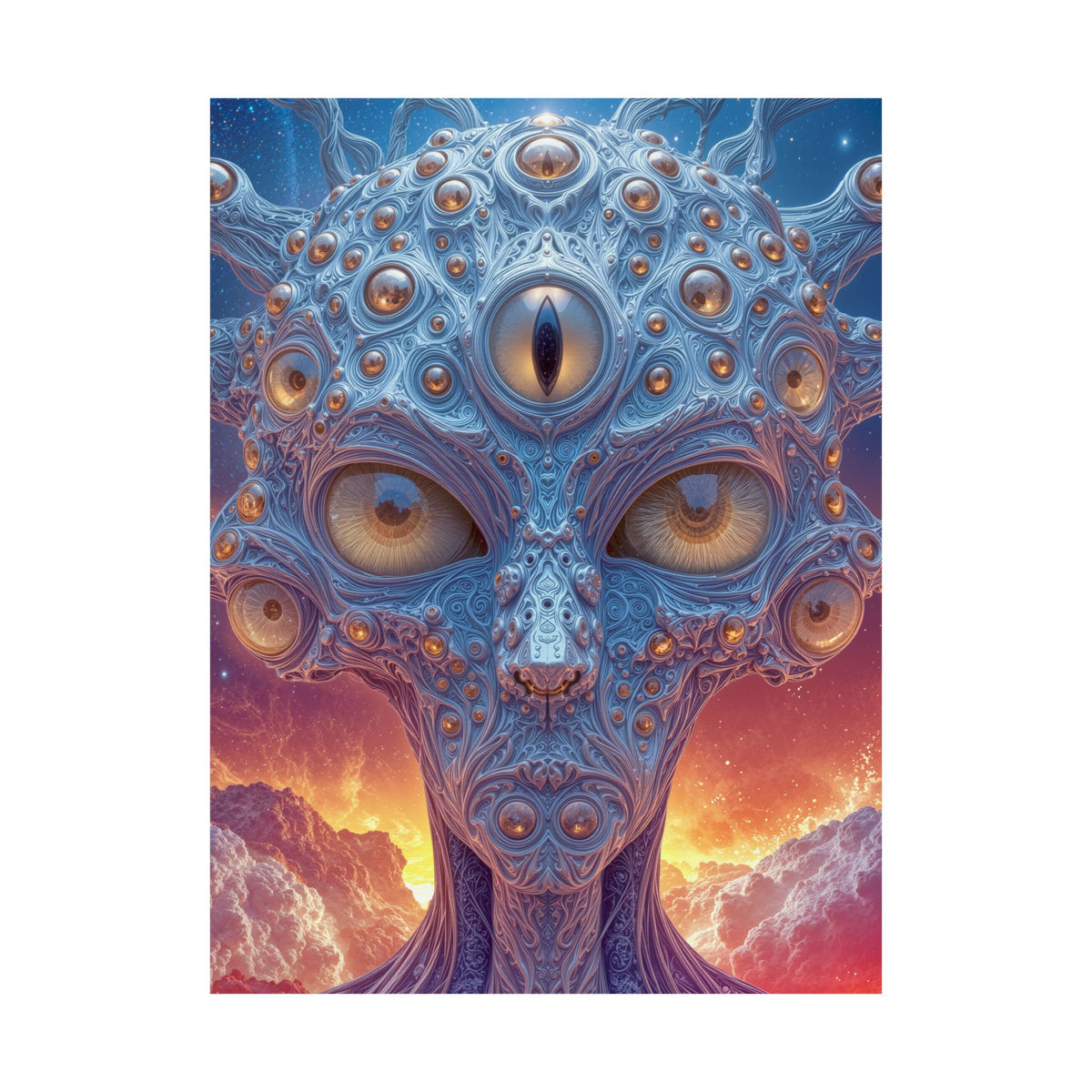 The Horizon Within the Gaze — Matte Art Poster, 18 × 24 in — intricate blue figure with amber eyes above luminous clouds