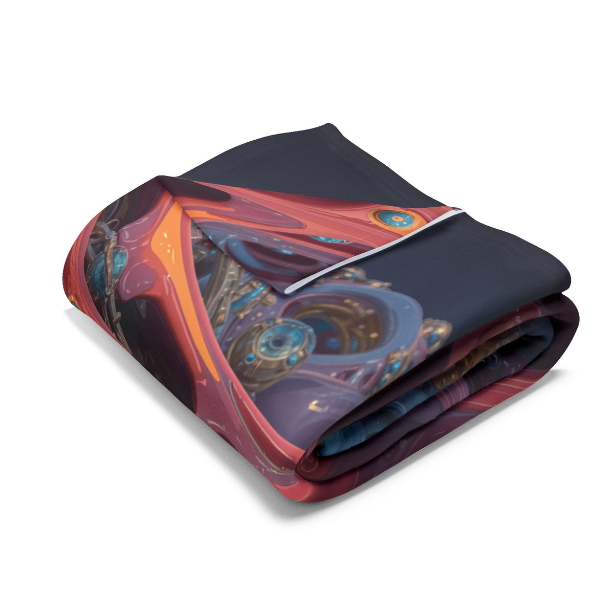 The Geometry of Surrender — Arctic Fleece Blanket, 60 × 80 in — interlocking coral and blue forms around a golden center