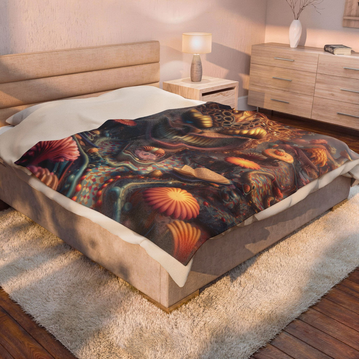The Invitation Beneath the Grin — Velveteen Plush Blanket, 60 × 80 in — ornate grinning face above winding mosaic paths and coral garden forms