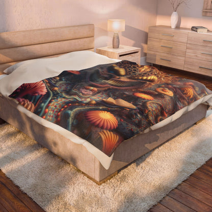 The Invitation Beneath the Grin — Velveteen Plush Blanket, 60 × 80 in — ornate grinning face above winding mosaic paths and coral garden forms