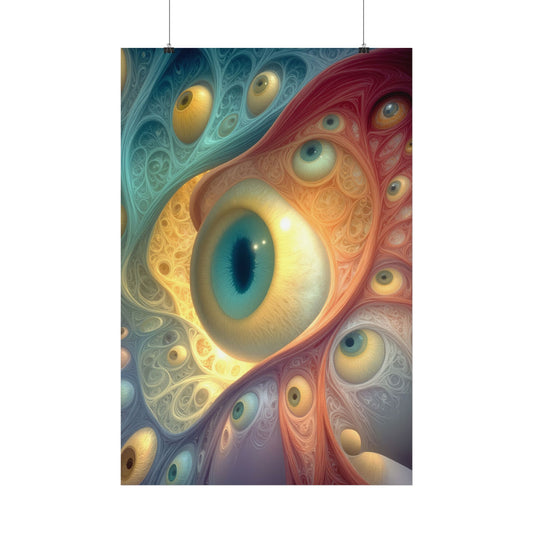 A Chorus of Seeing 24 × 36 inch satin poster with golden eyes and flowing teal, red and amber artwork