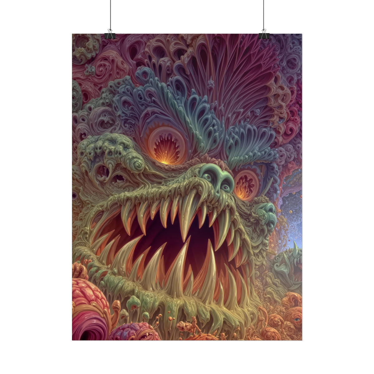 Where Fear Becomes a Passage — Rolled Art Print, 18 × 24 in — fanged creature with glowing eyes amid sage and mauve organic forms