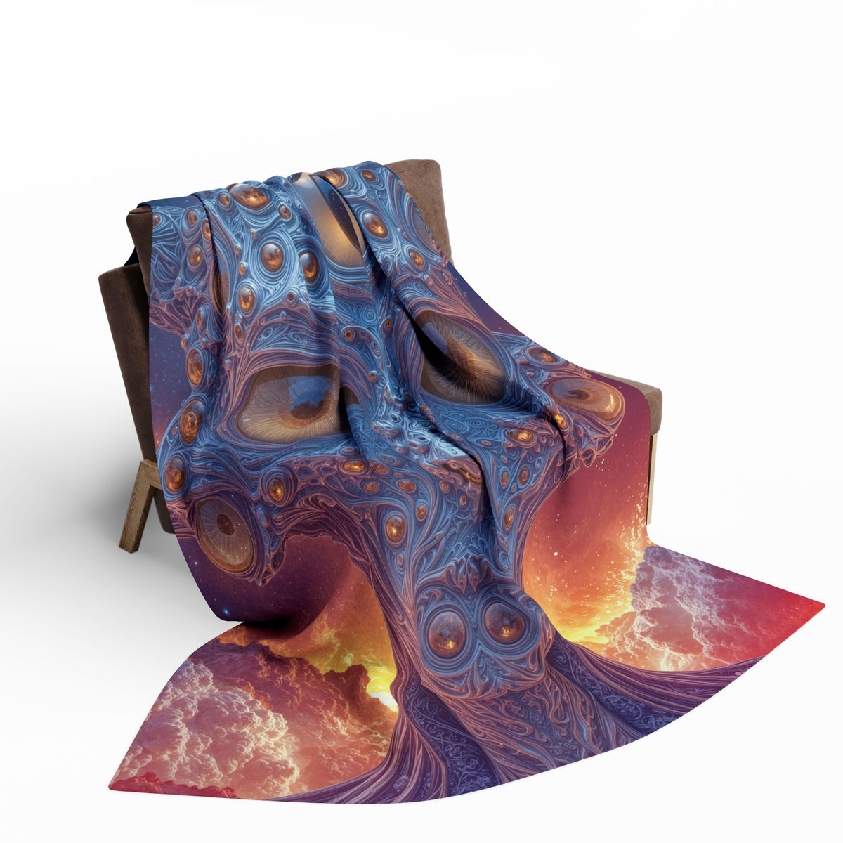 The Horizon Within the Gaze — Arctic Fleece Blanket, 60 × 80 in — intricate blue figure with amber eyes above luminous clouds