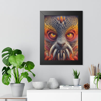 The Wisdom Beneath the Armor — Black Framed Print, 12 × 16 in — golden-eyed creature with layered gray spines and ivory tusks