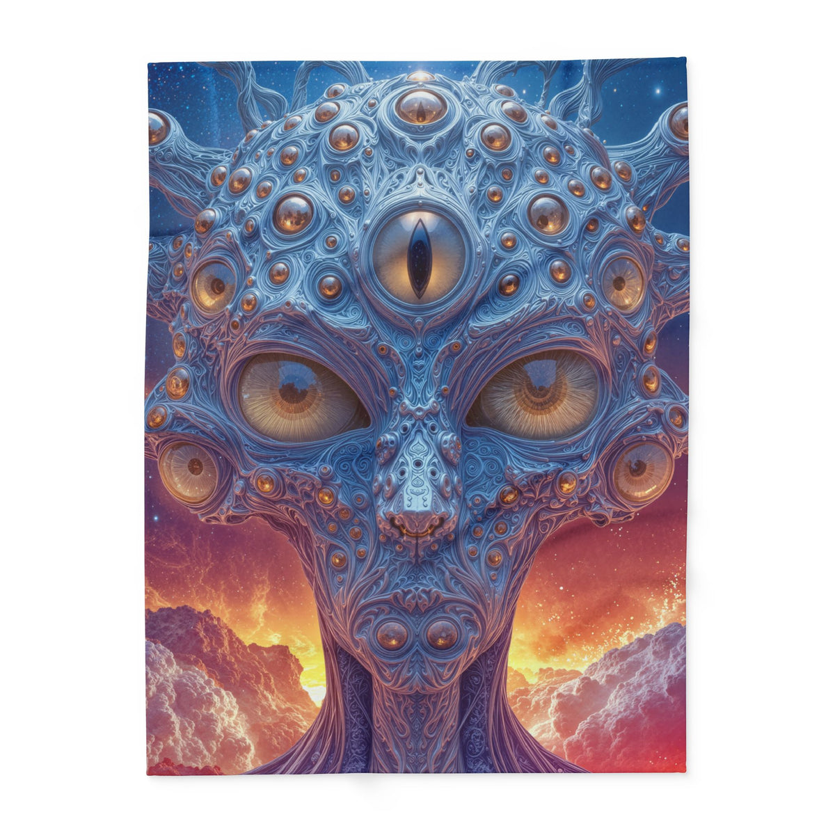 The Horizon Within the Gaze — Arctic Fleece Blanket, 60 × 80 in — intricate blue figure with amber eyes above luminous clouds