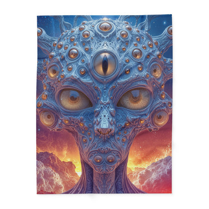 The Horizon Within the Gaze — Arctic Fleece Blanket, 60 × 80 in — intricate blue figure with amber eyes above luminous clouds