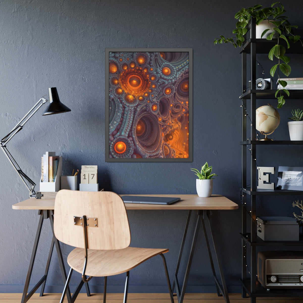 The Architecture of Inner Light — Framed Fine Art Print, 24 × 32 in — glowing amber chambers in intricate blue-gray and violet structures