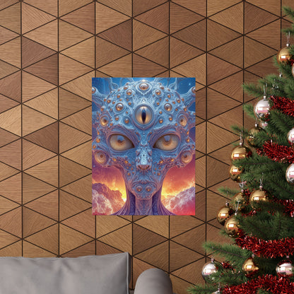 The Horizon Within the Gaze — Matte Art Poster, 18 × 24 in — intricate blue figure with amber eyes above luminous clouds